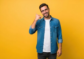 A smiling man in a denim shirt and glasses makes the call me gesture against a vibrant yellow background, conveying communication and connection