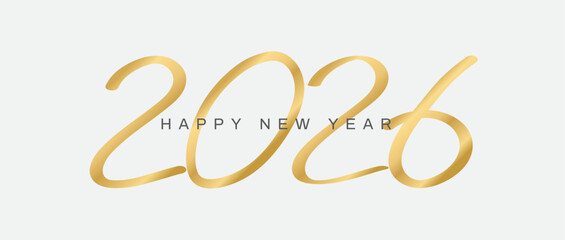 Happy new year 2026. Elegant gold text. Design for banner, poster, greeting card and flyer. Handwritten 2026. Vector illustration.