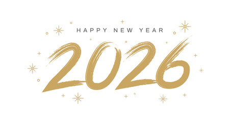Happy new year 2026. Elegant gold text. Design for banner, poster, greeting card and flyer. Handwritten 2026. Vector illustration.