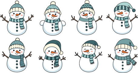Cartoon snowmen wearing blue and green winter hats and scarves, cheerful holiday illustration, festive Christmas characters, seasonal decoration, playful winter design