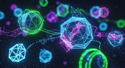 Vibrant neon geometric shapes floating in space, perfect for modern technology or science concepts with futuristic designs and glowing particle effects
