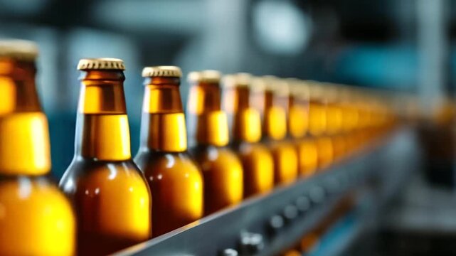 Beer bottles aligned on a brewery production line, industrial efficiency in beverage manufacturing, supply chain dynamics in bottling, manufacturing innovation in automated filling