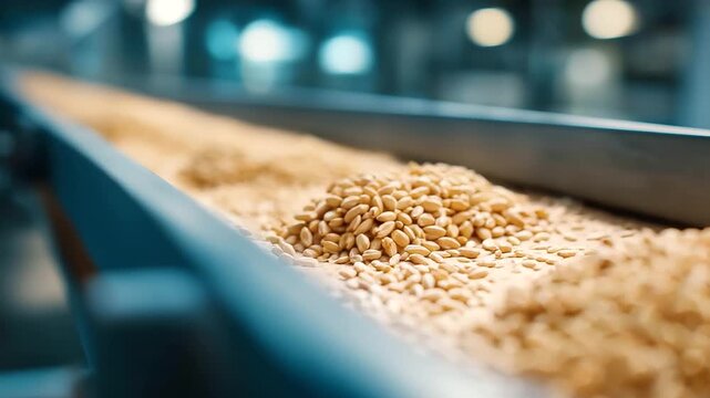 Grain seeds on automated belts in a facility, industrial efficiency in agricultural processing, supply chain dynamics in seed handling, manufacturing innovation in grain tech, prod
