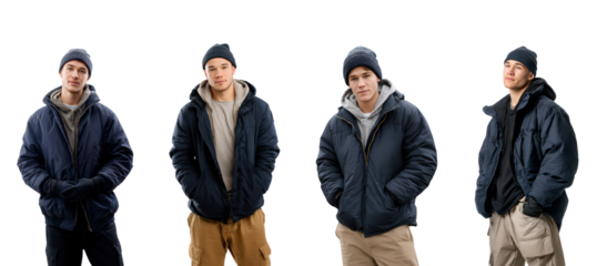 Collection of studio portraits showcasing a young man's casual winter fashion in a warm puffer jacket and beanie, ideal for cold weather style