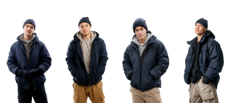 Collection of studio portraits showcasing a young man's casual winter fashion in a warm puffer jacket and beanie, ideal for cold weather style