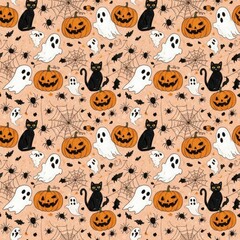 Cute halloween pattern with black cats, ghosts, pumpkins, and spider webs on an orange background, perfect for festive decorations and designs