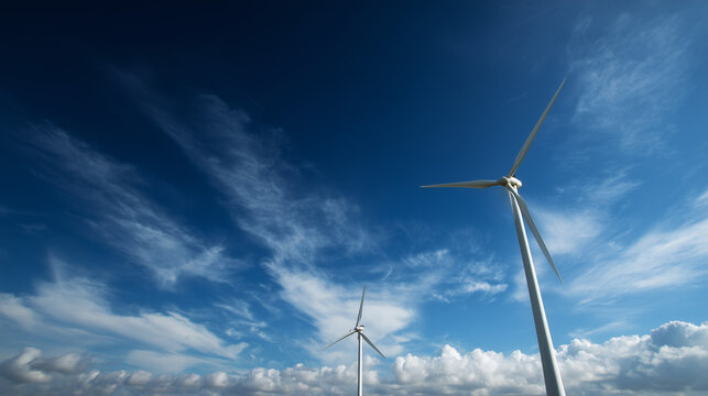 Parque e&oacute;lico com turbinas grandes sob nuvens transmite modernidade, energia limpa, inova&ccedil;&atilde;o e uso de fontes sustent&aacute;veis para reduzir impactos ambientais e gerar eletricidade