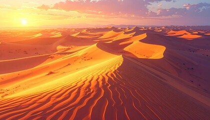 Golden Desert Dunes at Sunset, Dramatic Landscape with Warm Light and Shadows