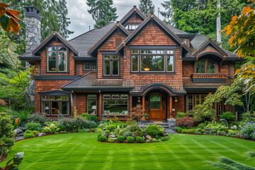 Elegant Classic House Exterior Featuring Stained Cedar Wood and Large Windows