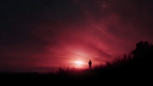 A solitary figure silhouetted against a dramatic crimson sunset sky filled with stars - Powered by Adobe