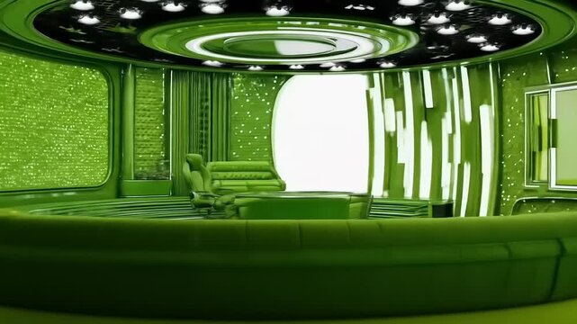 Futuristic News Studio Set Design in Monochromatic Green, Polished and Modern