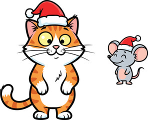 Cute cartoon Christmas cat and mouse wearing Santa hats, festive holiday animal illustration, cheerful winter season artwork for kids and decoration