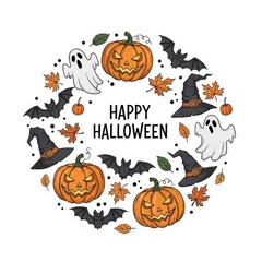 Happy halloween circular design with pumpkins, ghosts, bats, and witch hats isolated on white background