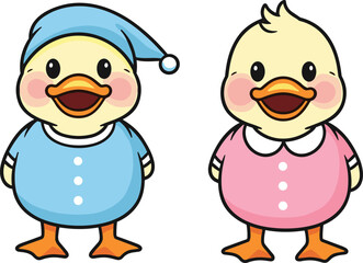 Cute cartoon ducks in colorful outfits, blue nightcap, pink dress, rosy cheeks, children’s illustration, playful design, educational, nursery art
