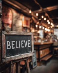 Chalkboard sign reading Believe in cozy caf&eacute; with warm lighting and rustic decor
