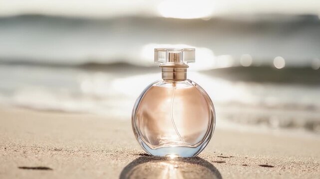 Perfume elegante en la playa con luz natural y reflejo dorado
