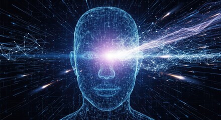 AI mind awakens with brilliant digital consciousness, unlocking futuristic innovation and boundless potential in a dynamic network of data streams