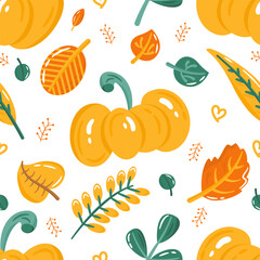 Autumn seamless pattern with cute colorful pumpkin and leaves. Cartoon fall elements for fabric, textile, wrapping paper, wallpaper.
