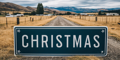 Christmas sign on rural gravel road with golden pasture and distant mountains, festive rustic holiday scene with star accents and overcast sky