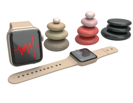 Smartwatch displays heart rate next to balanced stone stacks