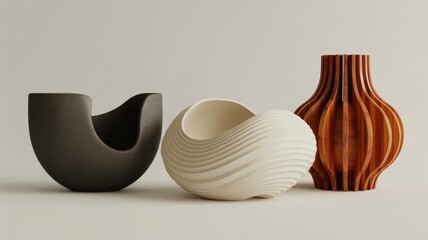 Three modern ceramic vases with organic shapes and textured surfaces displayed on a neutral background