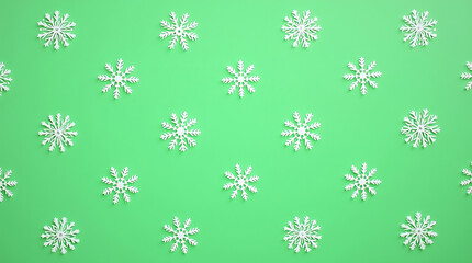 Winter Snowflakes Pattern on Green Background Decorative Ornament Snowflake Design Repetition Backdrop Surface Wallpaper Decoration Christmas Holiday