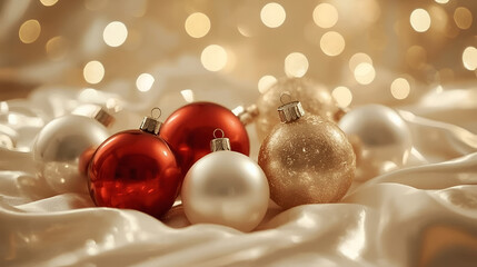 Elegant Christmas balls arranged on a softly lit surface, symbolizing the festive spirit of Season’s Greetings