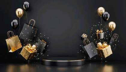 Black Friday background displays golden gift boxes and balloons on matte black backdrop