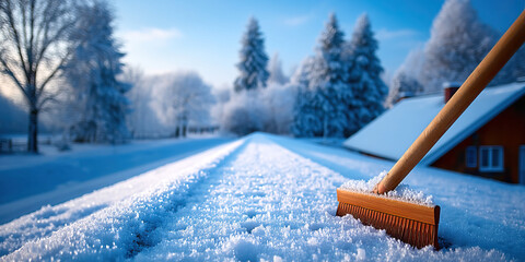 Snow brush clearing sparkling fresh snow on rooftop at sunrise with frosty trees and winter cottage in soft blue light