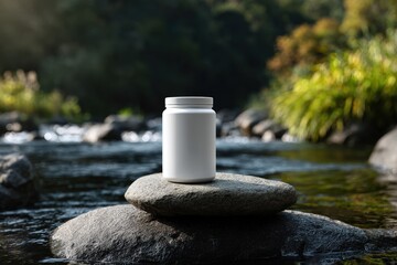 A photorealistic product mockup of a blank white ceramic jar, no label, standing on a flat wet river stone. Blurred calm stream background. Soft natural light. Ideal for spa creams or balms.