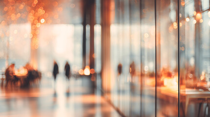 Empty open space, shopping mall with restaurant. Motion blur, warm tones, abstract defocused background. Concept image of modern business interior.	