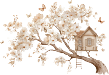 Cherry blossom treehouse spring vintage watercolor