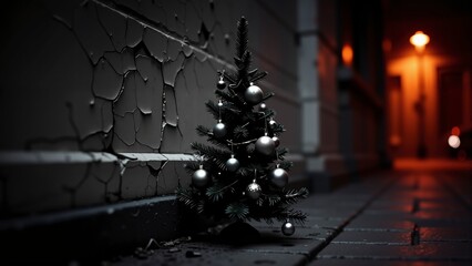 Small Christmas tree with silver ornaments standing in a dark urban alleyway near a wall with cracked paint, illuminated by warm streetlights at night.