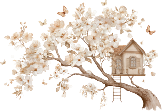 Cherry blossom treehouse spring vintage watercolor