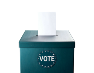 Teal ballot box with white paper inserted, vote seal