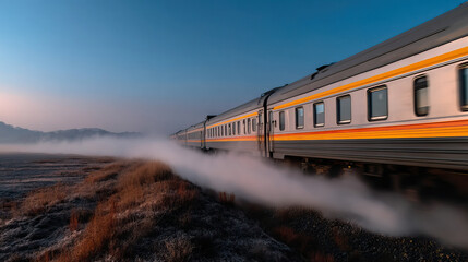 Frosty morning train moving through misty rural field with motion blur and warm carriage stripe, early sunrise atmosphere, lonely travel mood