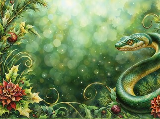 Illustration with a green snake on bokeh background.