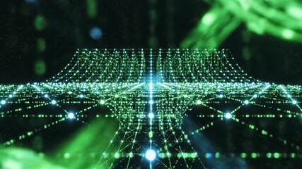 Futuristic digital landscape visualization featuring abstract green light data network, showcasing glowing particles and geometric shapes mesmerizing design of interconnected nodes and binary code - Powered by Adobe