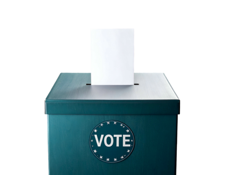 Teal ballot box with white paper inserted, vote seal