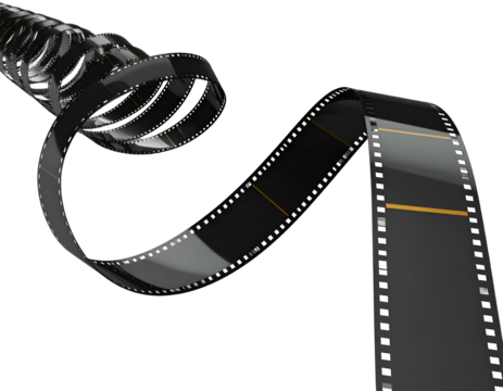 Glossy film strip unspooling into a dynamic, abstract spiral shape