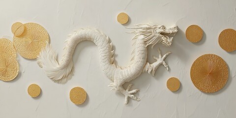 White and gold paper cut dragon with circular ornaments, minimalist luxury Chinese new year background.