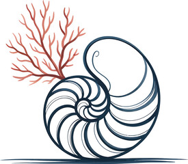 Nautilus Shell and Coral Branch Watercolor Illustration