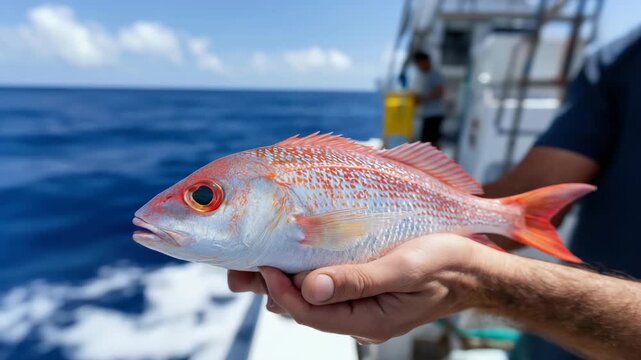 Closeup of fisherman holding red snapper at sea with ocean background and boat details