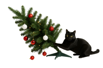 Cat near Christmas tree. Christmas. Winter holidays. Funny animals.