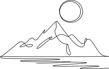 Single Line Drawing of Mountains and Moon landscape