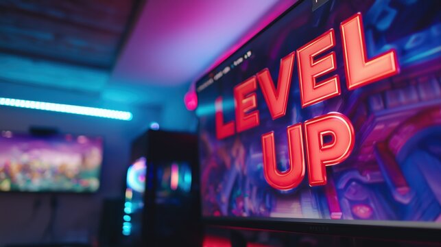 Close-up of gaming monitor displaying vibrant 'Level Up' graphic in a dynamic gaming setup