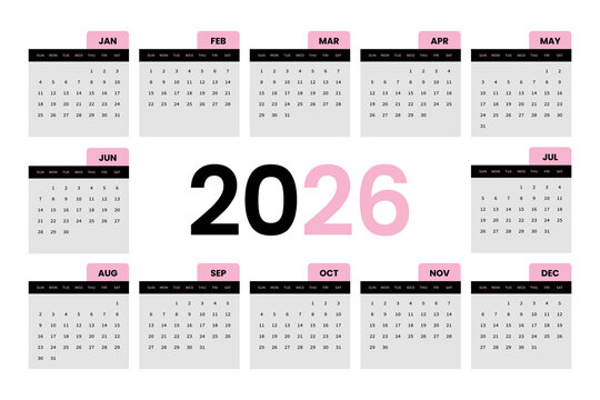 Year 2026 Calendar Template in Vector Format with Pink Accents for Planning and Scheduling