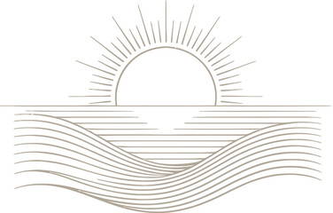 Stylized Sunrise Over Wavy Horizon Line Art ocean