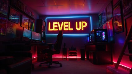 Vibrant gaming room with neon 'LEVEL UP' sign dual monitors and colorful decor