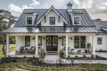Stylish White Farmhouse with Metal Roof and Inviting Front Porch